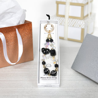 Black Crystal Wristlet Beaded Hands-Free Gold Wrist Strap