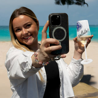 Pink Crystal Wristlet Beaded Hands-Free Silver Wrist Strap