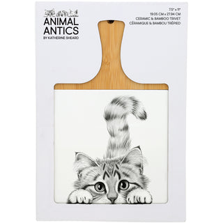 Cat 7.5" Bamboo & Ceramic Tile Trivet