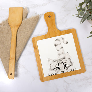 Cat 7.5" Bamboo & Ceramic Tile Trivet