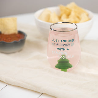 Camping Problem Pine Tree - 19 oz. Stemless Wine Glass with 3-D Figurine