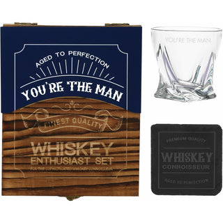 You're the Man  Wooden Gift Box with  Rocks Glass and Slate Coaster