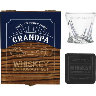 Grandpa Wooden Gift Box with  Rocks Glass and Slate Coaster