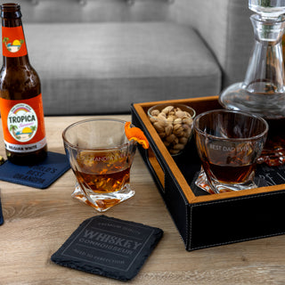 Grandpa Wooden Gift Box with  Rocks Glass and Slate Coaster