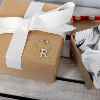 R Adjustable Rhodium Plated Monogram Ring