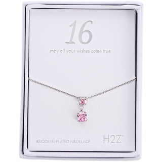 16 Rose Zircon 16.5"-18.5" Celebration Rhodium Plated Necklace