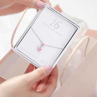 16 Rose Zircon 16.5"-18.5" Celebration Rhodium Plated Necklace