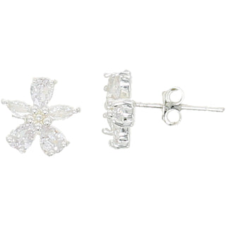 Pick You 10mm Silver-Plated Cubic Zirconia Flower Stud Earrings and 16.5"-18.5" Necklace