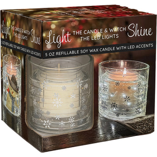 Snowflakes 5 oz Refillable Soy Wax Candle with LED Accents