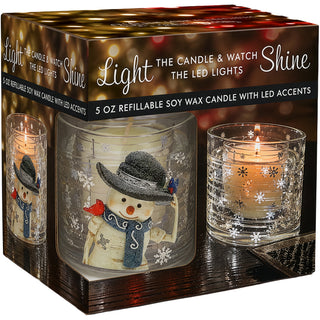Snowman 5 oz Refillable Soy Wax Candle with LED Accents
