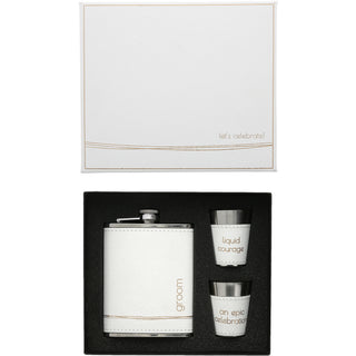 Groom One 8 oz Flask & Two 1.5 oz Shot Glasses in a Gift Box