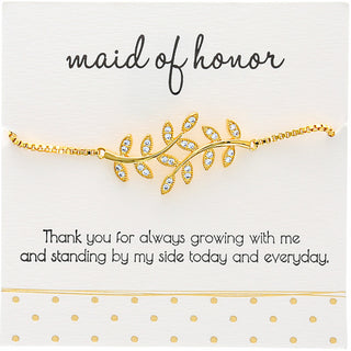 Maid of Honor - White Zircon Leaf Gold Plated Adjustable Bracelet