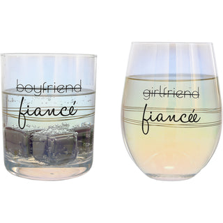 Fiancé/Fiancée 11 oz Rocks & 18 oz Stemless Wine Glass Set