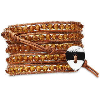 Butterscotch-Amber Glass 35" Amber Glass Beads with Tan Leather Wrap Bracelet