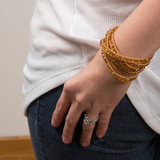 Butterscotch-Amber Glass 35" Amber Glass Beads with Tan Leather Wrap Bracelet