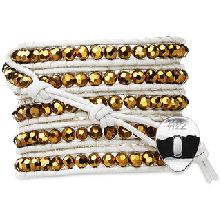 Gold Glamour-Met Gold Glass 35 Inch Metallic Gold Glass Beads w/  White Leather Wrap Bracelet