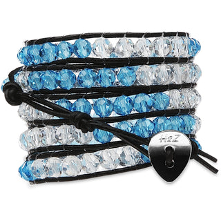 Ocean Side-Cyan & Clr Glass 35 Inch Cyan and Clear Glass Beads w/ Black Leather Wrap Bracelet