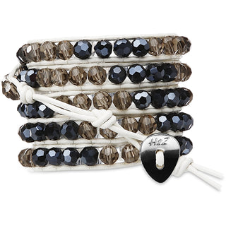 Dusk-Smoky & Black Glass 35 Inch Smoky and Black Glass Beads w/ White  Leather Wrap Bracelet