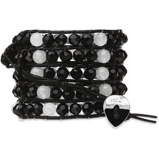 Onyx-Black & Alabaster Glass 35 Inch Black and Alabaster Glass Beads w/ Black Leather Wrap Bracelet