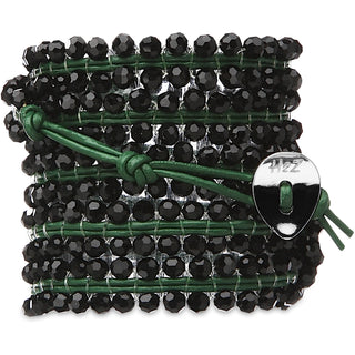 Kelly Shimmer-Black Glass 35 Inch Black Glass  Beads w/ Green Leather Wrap Bracelet