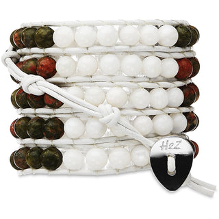 Ebony & Ivory- Cat's Eye Mix 35 Inch Smoky and Alabaster Beads w/ White Leather Wrap Bracelet