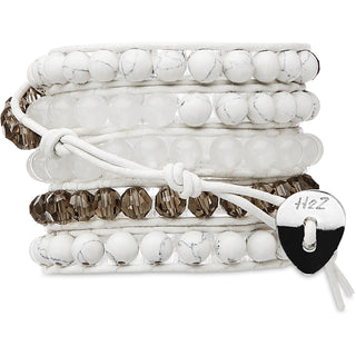 White Lights-Wht Turq Mix 35 Inch White Turquoise, Clear Glass and Alabaster Beads w/ WhiteLeather Wrap Bracelet