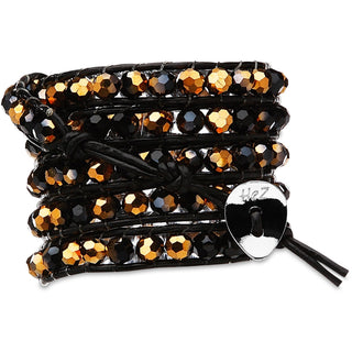 Bijou Black-Blk & Gld Crystal 35 inch Black and Gold Crystal Beads w/ Black Leather Wrap Bracelet