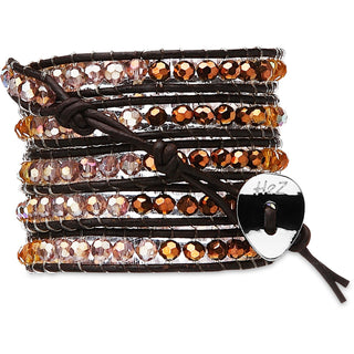 Copper Rose-Amber, Cop Mix 35 inch Amber, Pink and Copper Crystal Beads w/ Brown Leather Wrap Bracelet