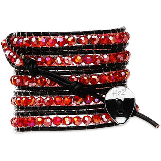 Flame-Red Crystal 35 inch Red Crystal Beads w/ Black Leather Wrap Bracelet