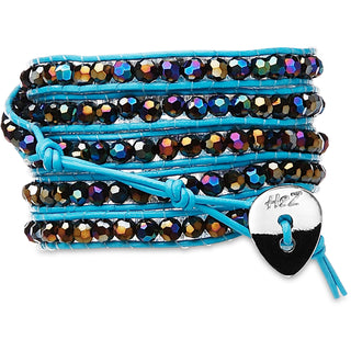 Bahama Blue-Hematite Crystal 35 inch Iridescent Hematite Crystal Beads w/ Light Blue Leather Wrap Bracelet