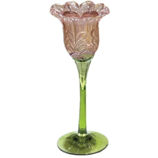 Medium Stem Pink 9" Glass Flower Candle Holder