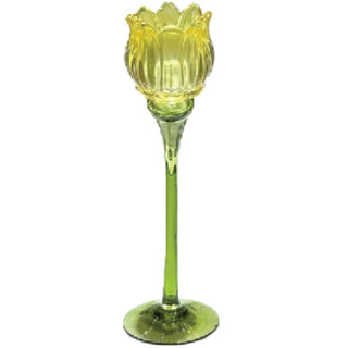 Long Stem Yellow 10.5" Glass Flower Candle Holder