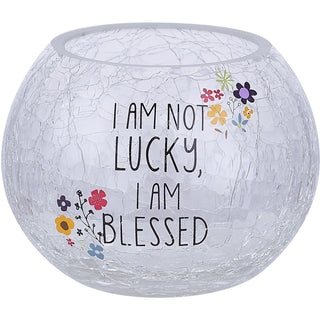 Blessed 5" Crackled Glass Votive Holder