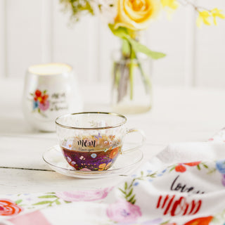 Mom 7 oz Glass Teacup and Saucer