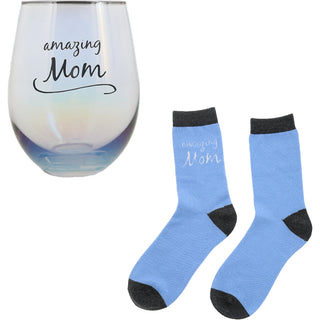 Mom 18 oz Stemless Glass & Sock Set