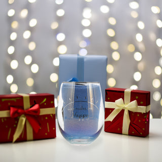 Happy 18 oz Stemless Glass & Sock Set