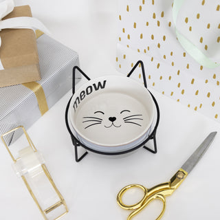 Meow 13 oz Ceramic Pet Bowl with Metal Stand