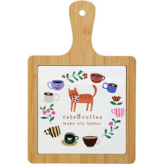 Cats & Coffee 7.5" Bamboo & Ceramic Tile Trivet