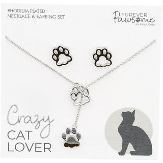 Cat Lover Rhodium Plated Adjustable Necklace and Earring Set