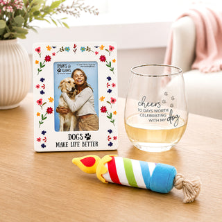 Celebrating Dog 18 oz Stemless Wine Glass & Dog Toy Set