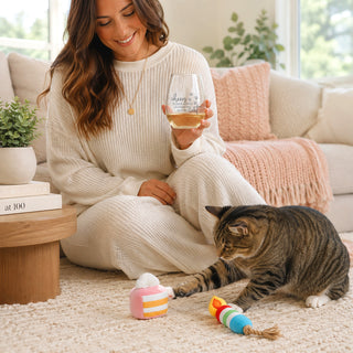 Celebrating Cat 18 oz Stemless Wine Glass & Cat Toy Set