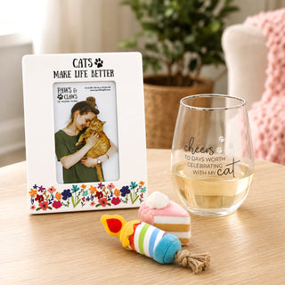 Celebrating Cat 18 oz Stemless Wine Glass & Cat Toy Set