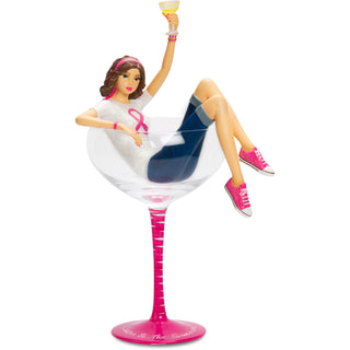 Cheers to the Survivor! 10.25" Girl in Glass with Pink Ribbon to symbolize overcoming Breast Cancer.