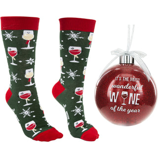 Wonderful Wine 4" Ornament with Unisex Holiday Socks