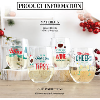 Holiday Wine Glasses 18 oz Stemless Wine Glasses
(Set of 4 )