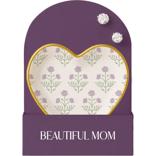 Beautiful Mom 2.5" Trinket Dish & 5mm Silver Plated Sterling Silver Cubic Zirconia Stud Earring Set