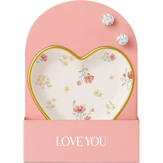 Love You 2.5" Trinket Dish & 5mm Silver Plated Sterling Silver Cubic Zirconia Stud Earring Set