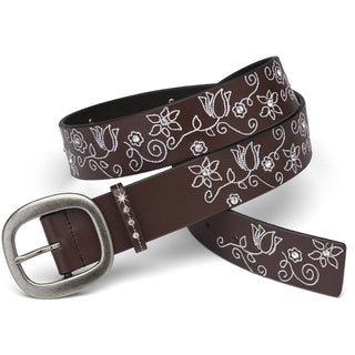 White Floral Stitched Belt 43" Brown Leather & Gem