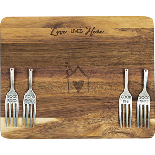 Love Lives Here 9" Acacia Cheese/Bread Board Set