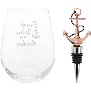 Anchor Bottle Stopper and 20 oz Stemless Gift Set